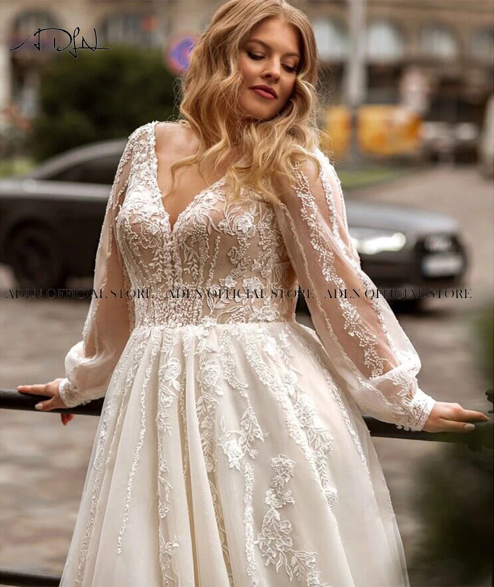 Gorgeous A-Line Plus Size Wedding Dress - Customized Long Sleeve Bridal Gown with Sweep Train - JStorehub 