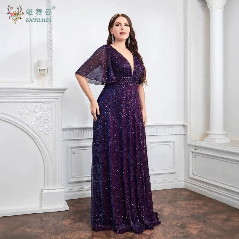 Plus Size Purple A-Line Evening Dress - Deep V-Neck Waist Cinched Rhinestone Gown - JStorehub 