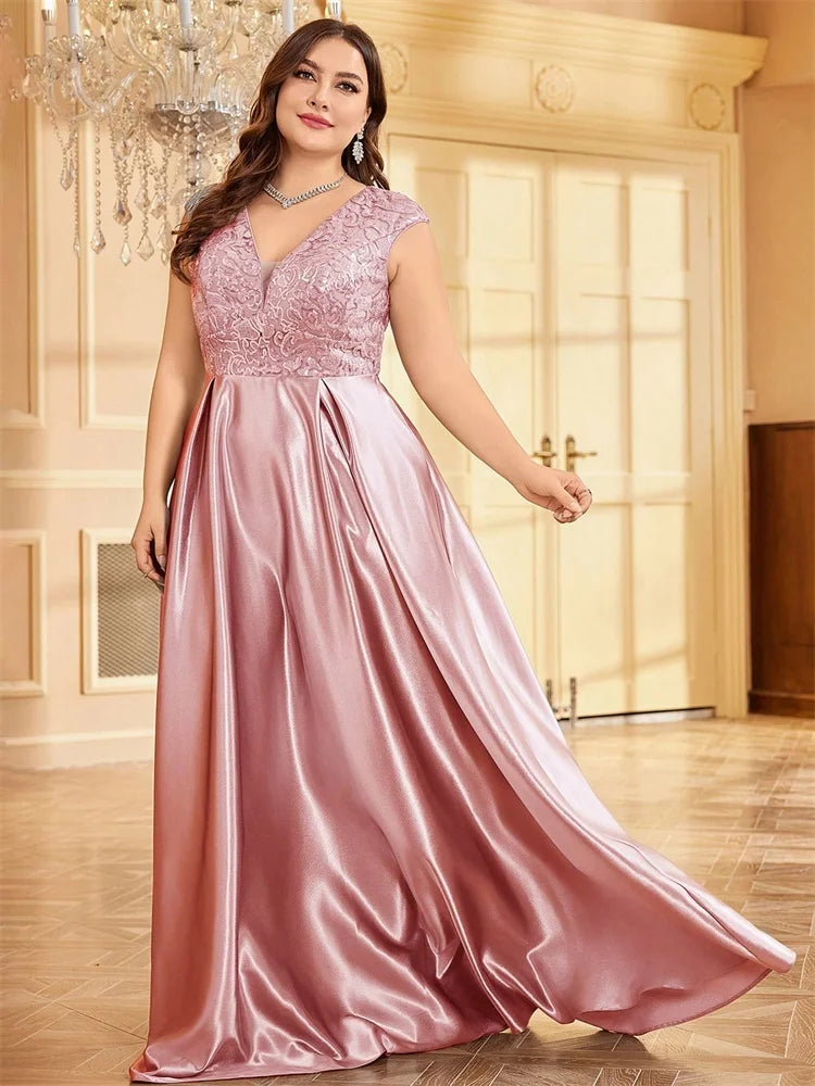 Blueplum Plus Size Gold Satin V-Neck Sequin Evening Dress 2025 - JStorehub 