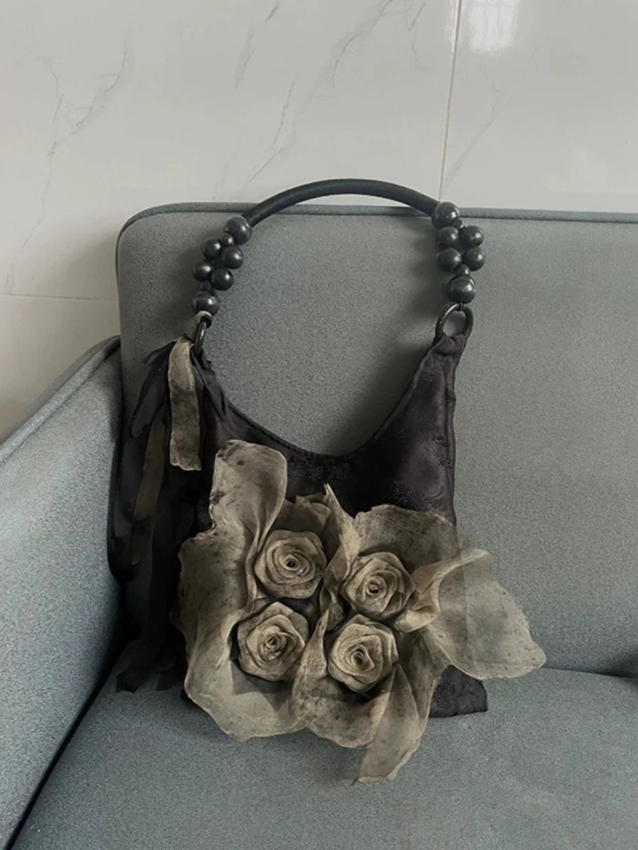 Chinese Style Rose Decor Shoulder Bag - Classic Pleated Commuter Tote Bag - JStorehub 