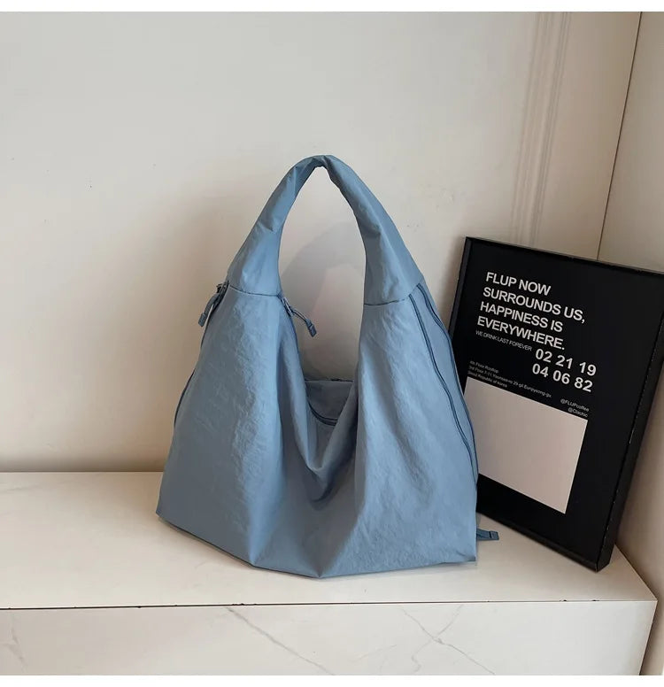 Chic Solid Color Nylon Tote Bag with Multiple Pockets - Large Capacity Shoulder Bag - JStorehub 