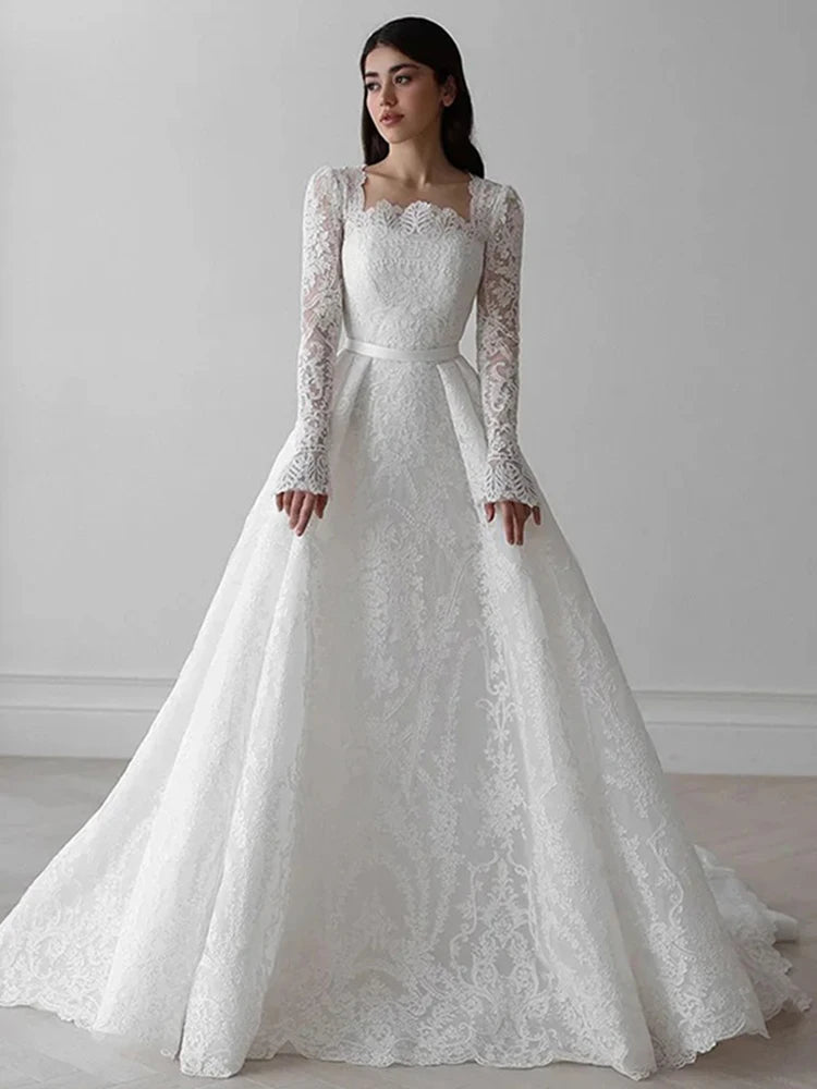 Graceful Organza Wedding Dress with Embroidery - A-Line Ball Gown Full Sleeve - JStorehub 