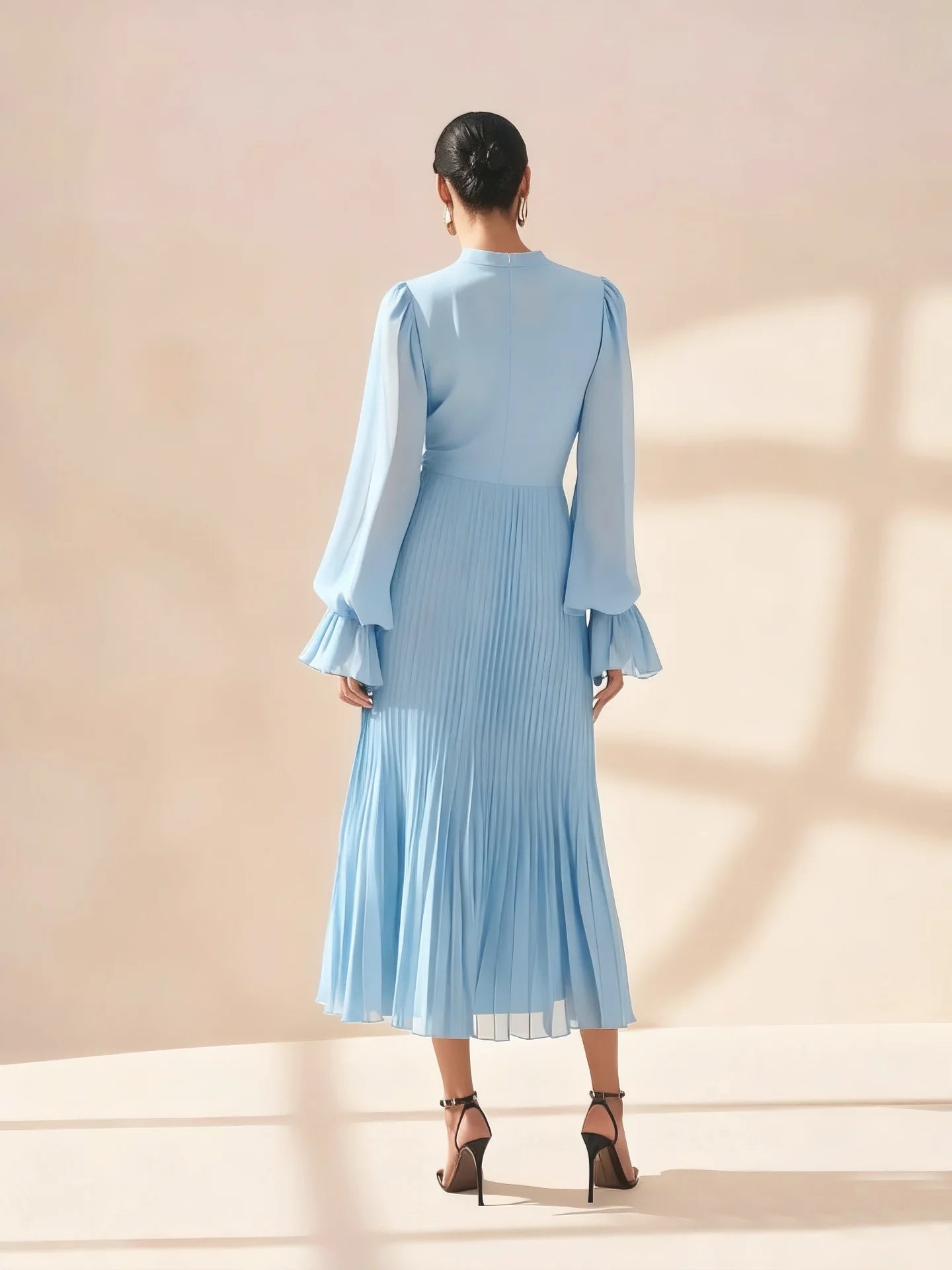 Ruffle Long Sleeve Layered A-Line Dress - Chic Spring Summer Pleated Gown - SalmanStore 