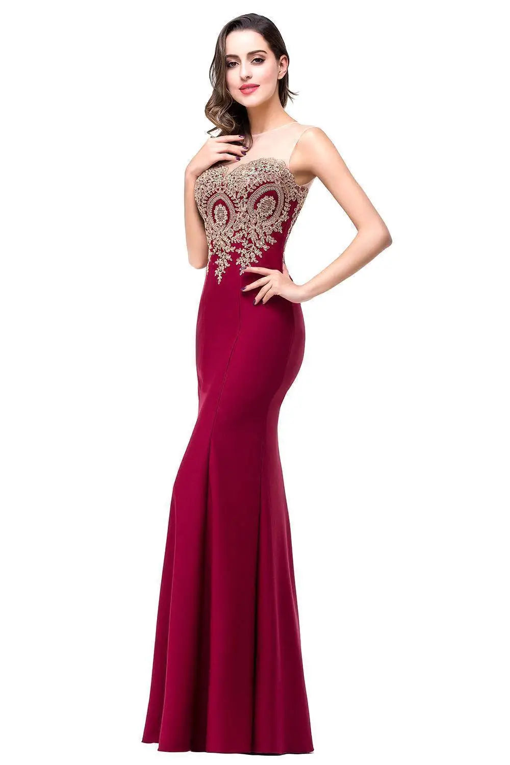 Royal Blue Mermaid Evening Dress with Golden Appliques Lace - Prom Wedding Gown - SalmanStore 