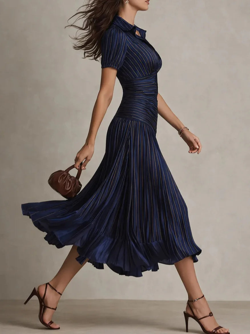 Elegant Satin A-Line Shirt Dress - Lapel High Waist Pleated Long Dress - JStorehub 