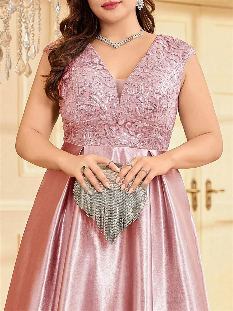 Blueplum Plus Size Gold Satin V-Neck Sequin Evening Dress 2025 - JStorehub 
