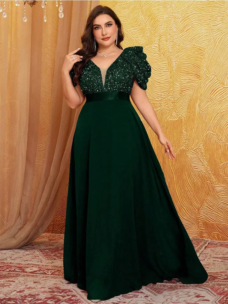 Plus Size Lotus Pink Sparkling Puff Sleeve Evening Dress 4XL 5XL - JStorehub 