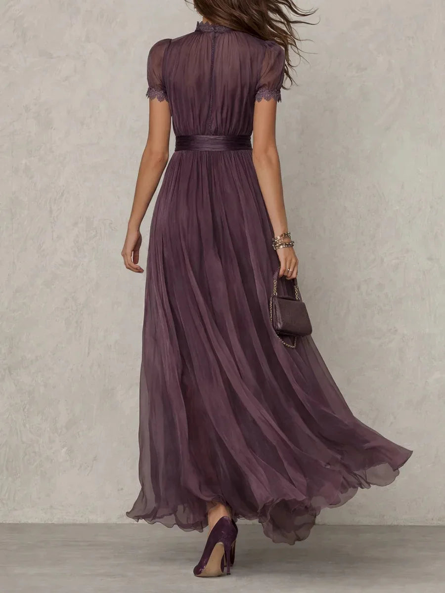 Vintage Hollow Out Maxi Dress - Stand Collar Lantern Sleeve Pleated Tunic - JStorehub 