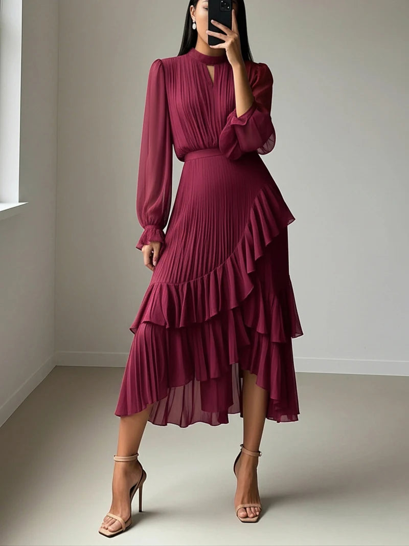 Ruffle Long Sleeve Layered A-Line Dress - Chic Spring Summer Pleated Gown