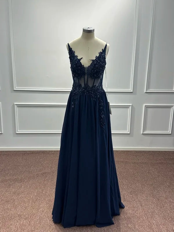 Navy Blue Beaded A-Line Evening Dress - Spaghetti Straps Illusion Prom Gown - SalmanStore 