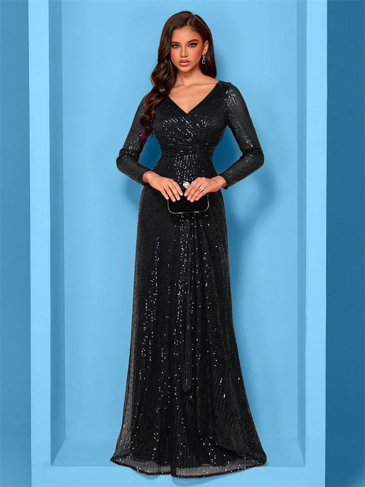 Plus Size Luxury V-Neck Sequin Evening Dress 2025 - Long Sleeve Maxi Gown - JStorehub 