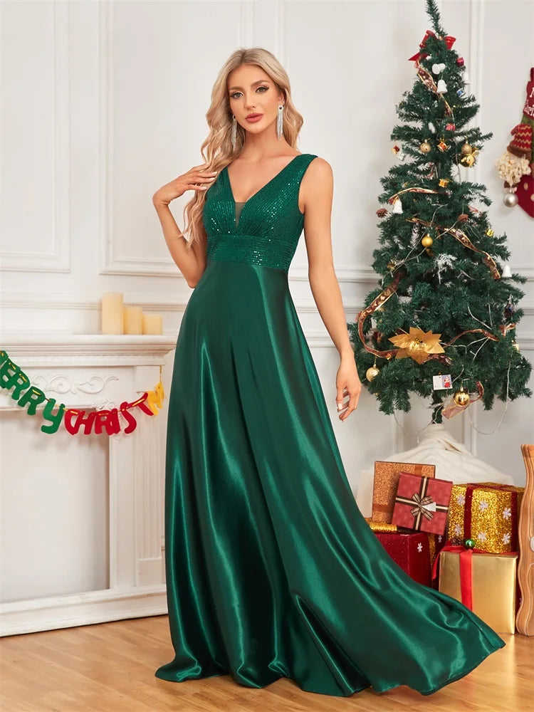 Elegant Sequin Evening Dress for Women - Deep V-Neck Satin Prom Gown 2024