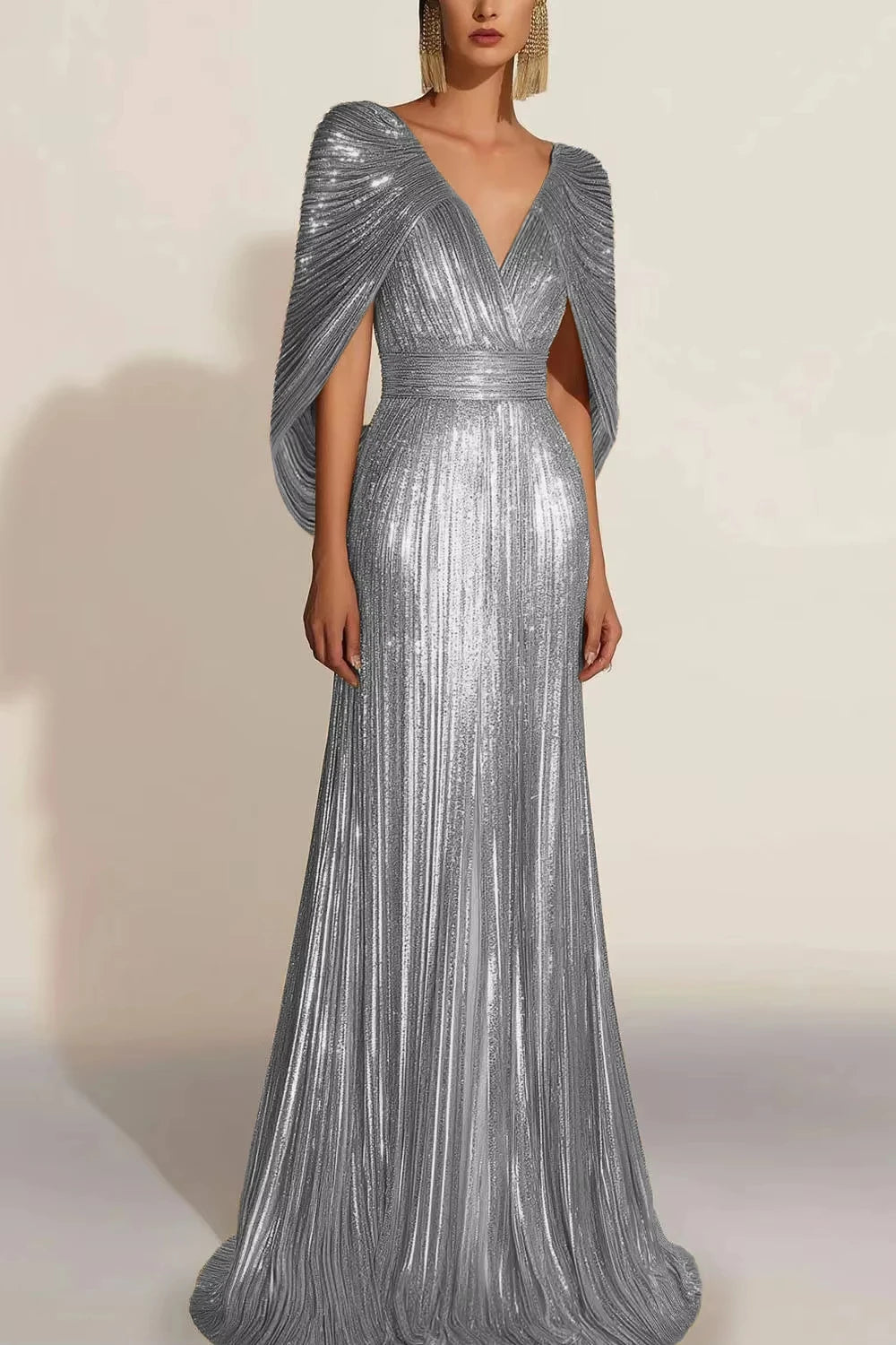 Gold V-Neck A-Line Glitter Prom Dress with Shawl - Floor Length - JStorehub 