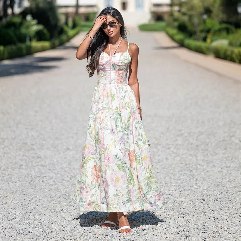 Elegant Printed Flower Women's Dress Contrast Sleeveless Halter Waist-Closed A-Line Lady Dresses Summer Fashion Vacation Robe