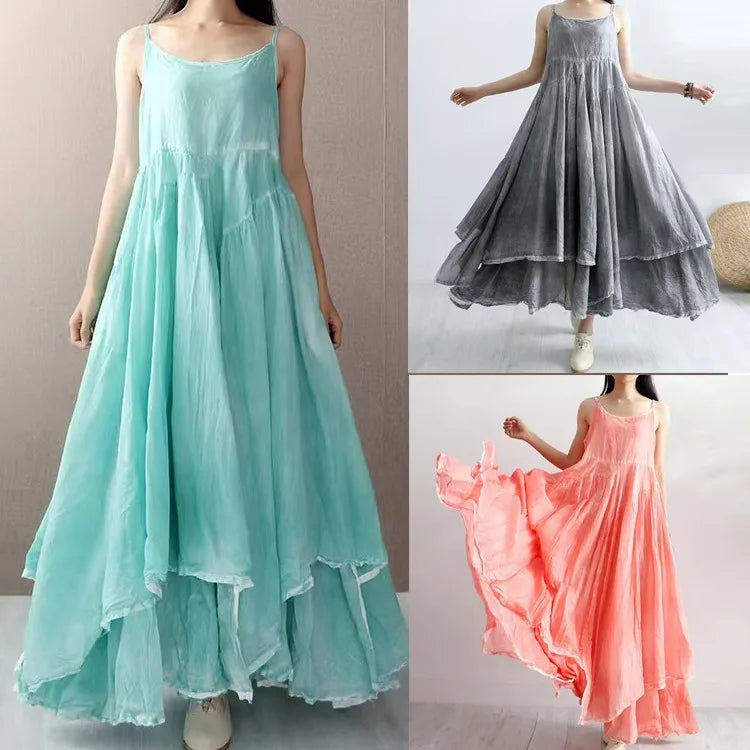Summer Artistic Double Layer Linen Dress - Asymmetrical Hem Wide Waist - JStorehub 