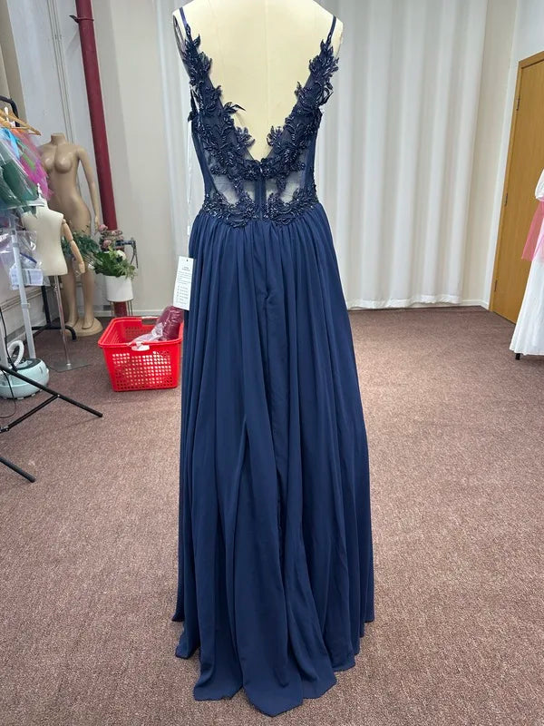 Navy Blue Beaded A-Line Evening Dress - Spaghetti Straps Illusion Prom Gown - SalmanStore 