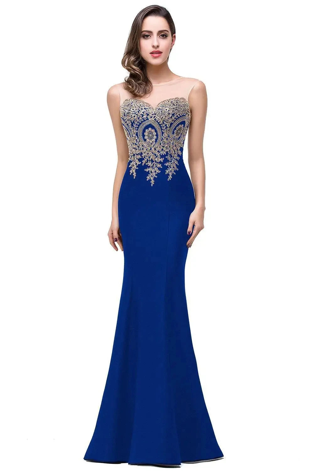 Golden Appliques Lace Mermaid Evening Dress - Sweetheart Illusion Prom Gown