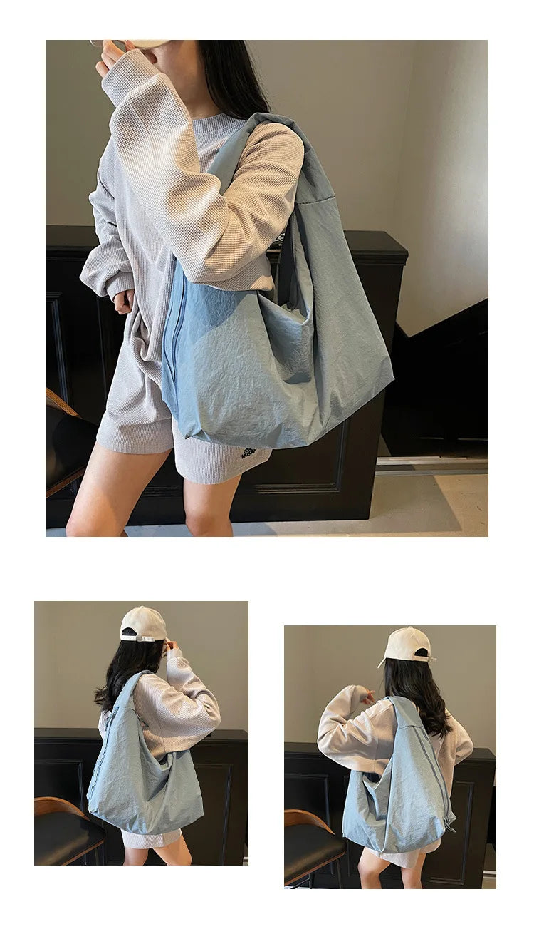 Chic Solid Color Nylon Tote Bag with Multiple Pockets - Large Capacity Shoulder Bag - JStorehub 