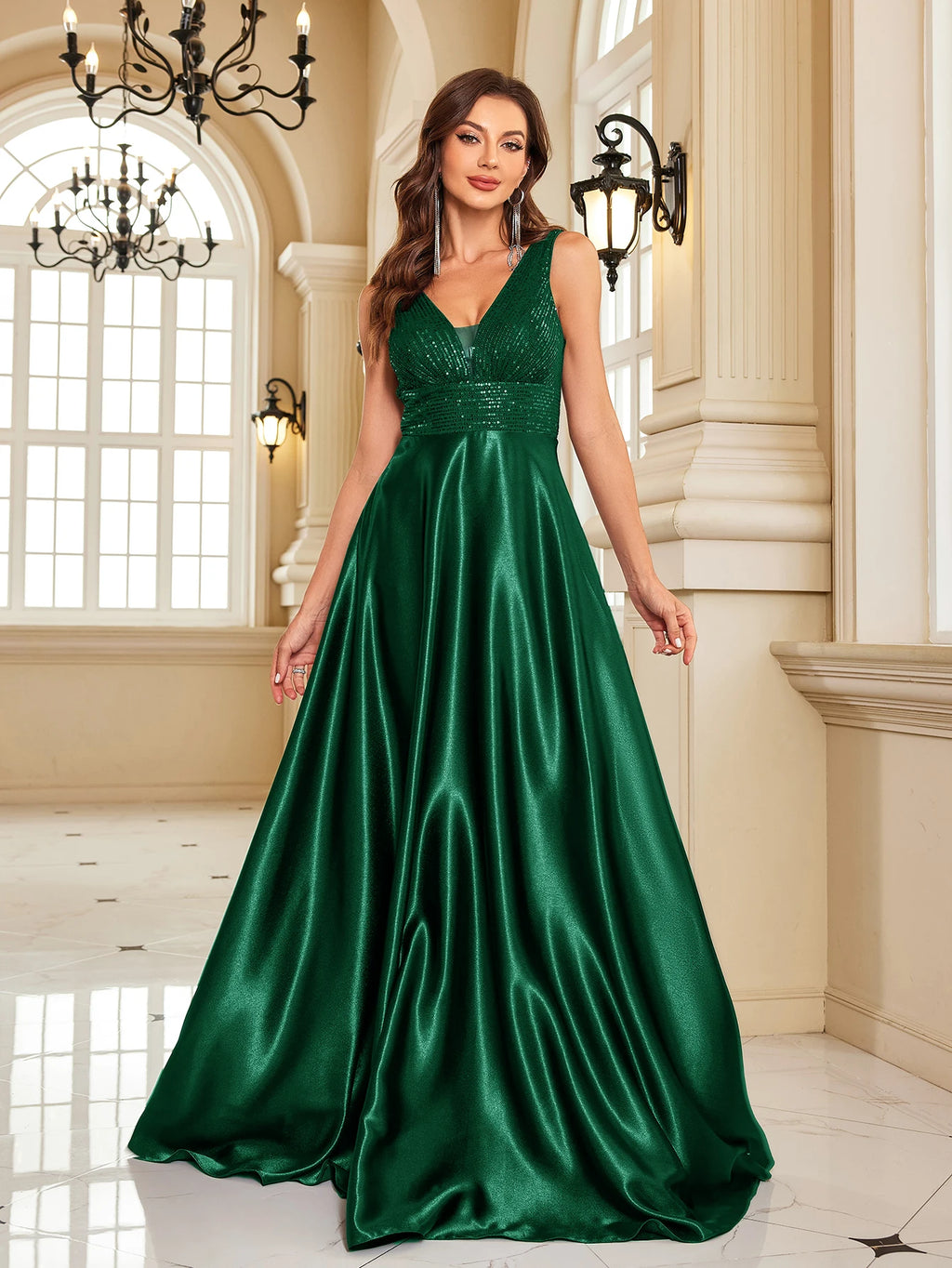 Elegant Sequin Evening Dress for Women - Deep V-Neck Satin Prom Gown 2024 - JStorehub 
