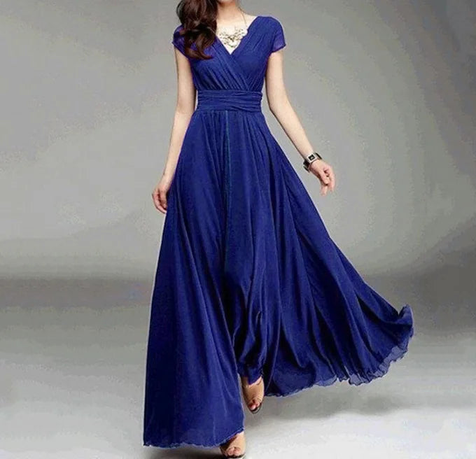 Women's Short Sleeve Chiffon Evening Dress - Bohemian Party Long Gown