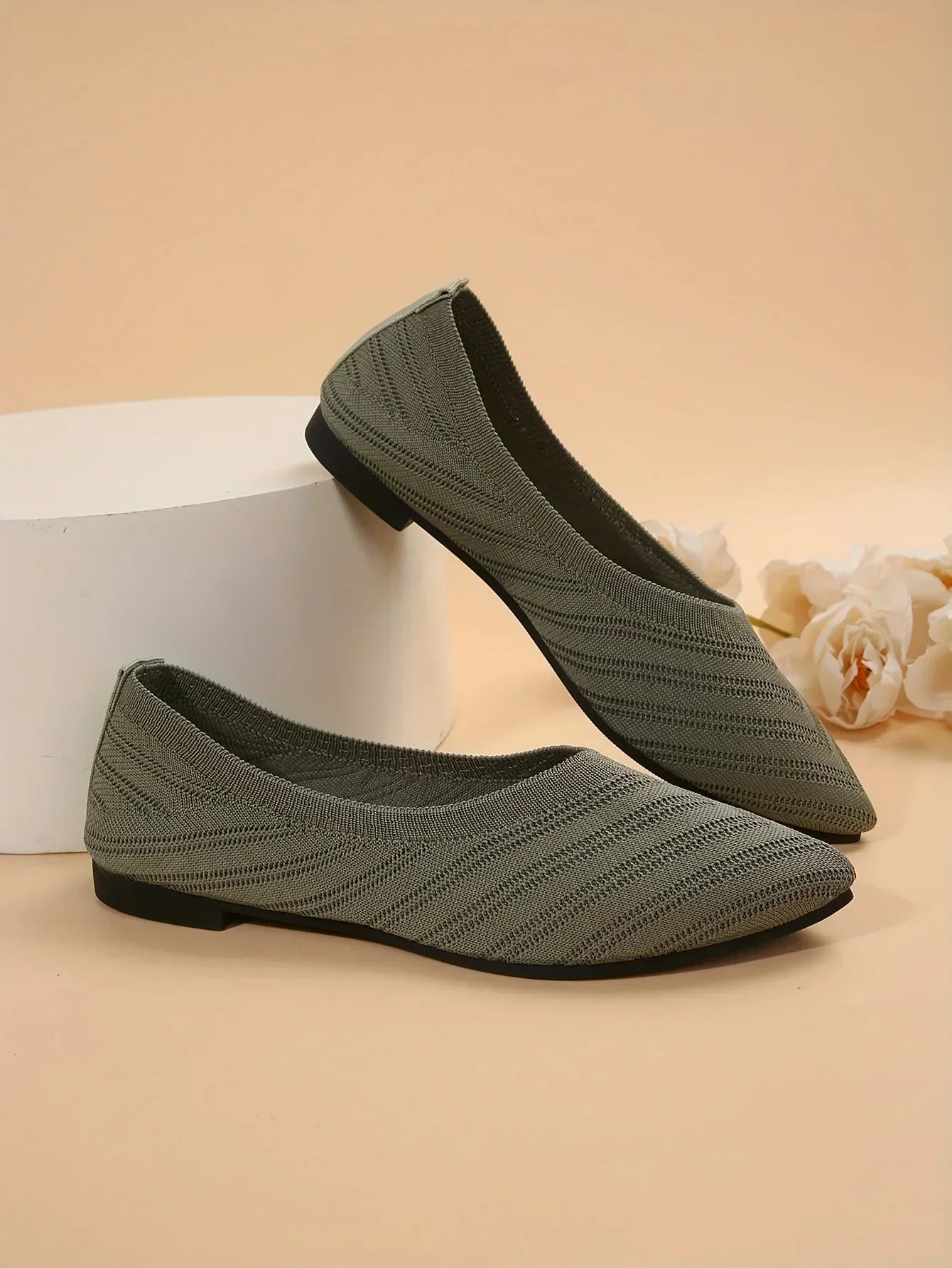 Apricot Knitted Pointed Toe Flat Shoes for Women - Slip-On Comfort