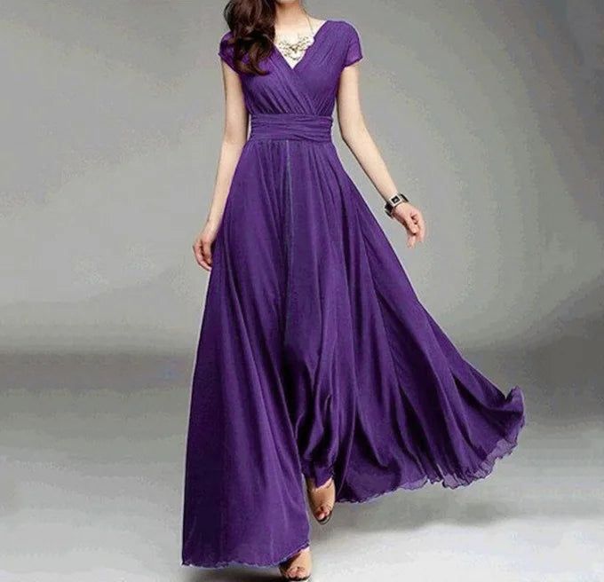 Women's Short Sleeve Chiffon Evening Dress - Bohemian Party Long Gown - JStorehub 