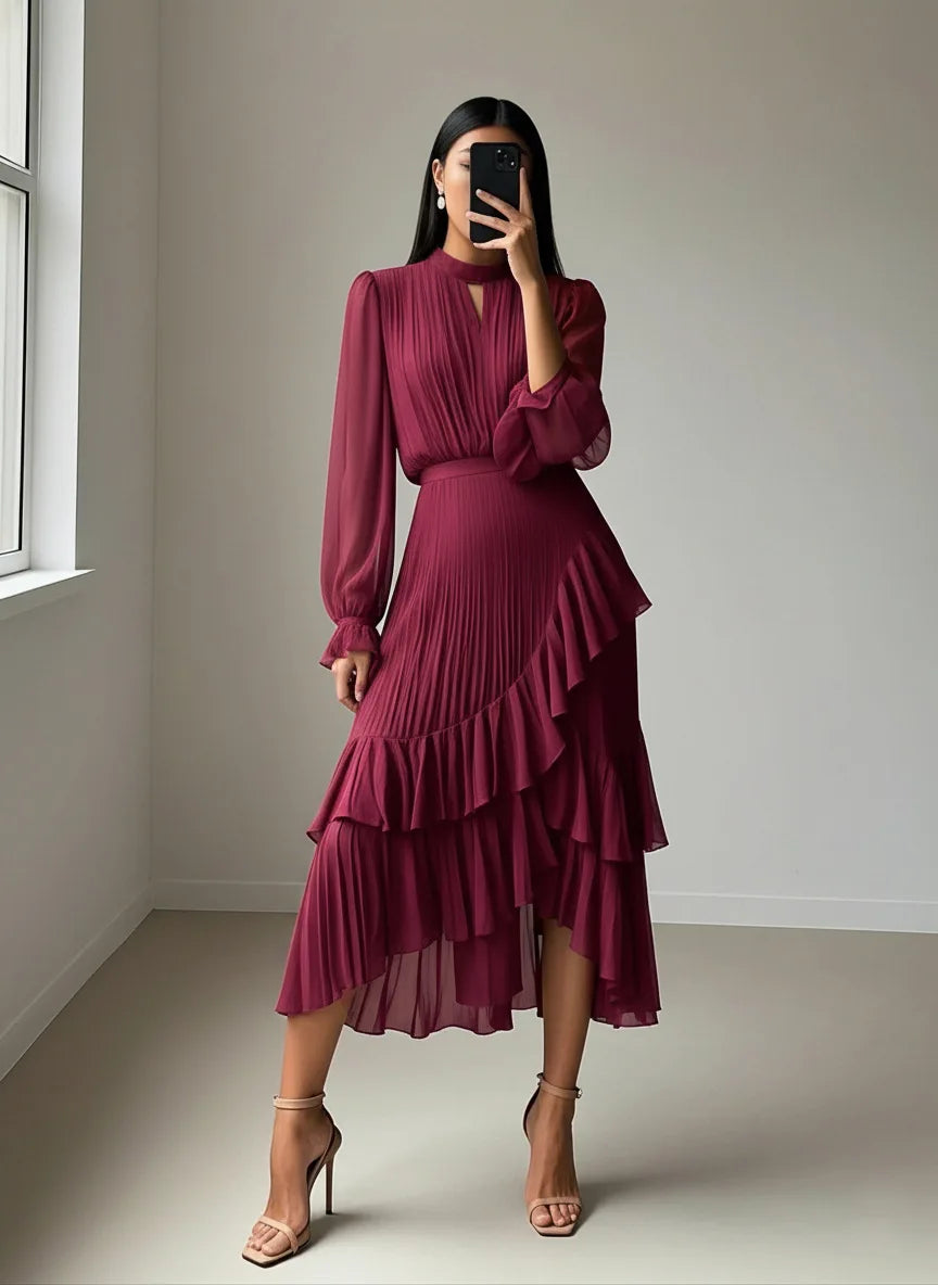 Ruffle Long Sleeve Layered A-Line Dress - Chic Spring Summer Pleated Gown - SalmanStore 