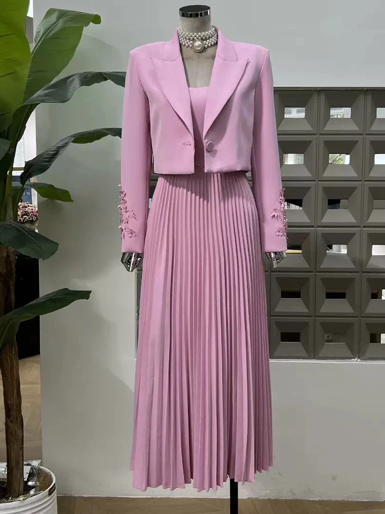 Chic Autumn 2025: Flower Beaded Jacket & Dress Women's Suit Set