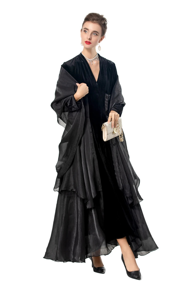Women's Dresses Sexy V Neck Long Sleeves Velvet Patchwork Ruffles Elegant Fashion Designer Party Prom Gown - SalmanStore 