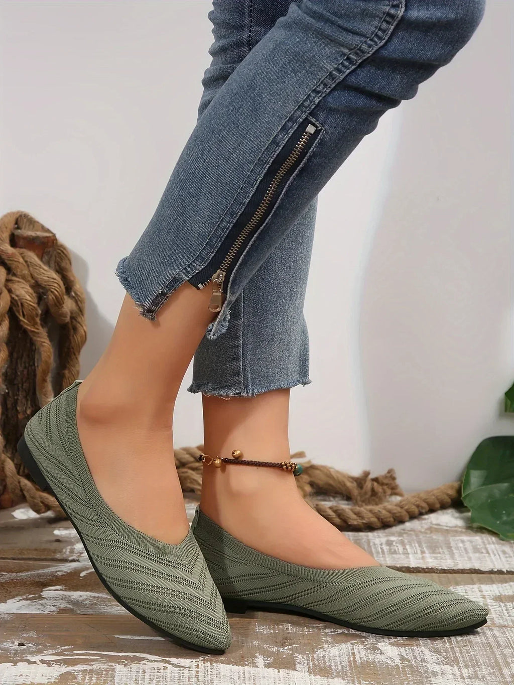 Apricot Knitted Pointed Toe Flat Shoes for Women - Slip-On Comfort