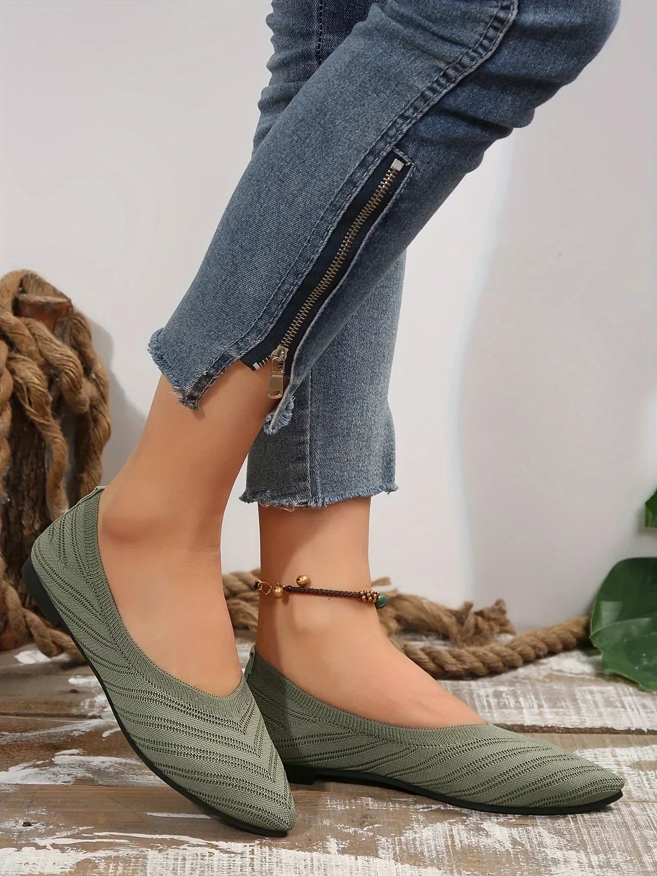 Apricot Knitted Pointed Toe Flat Shoes for Women - Slip-On Comfort