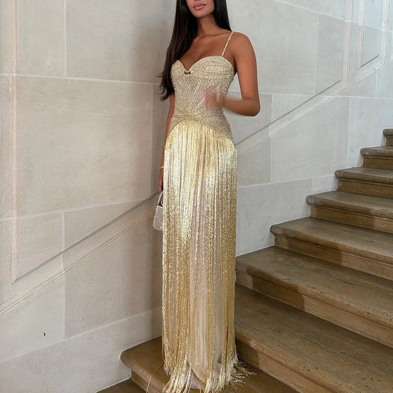 Elegant Women Dresses - Off Shoulder Sleeveless Tassel Dress