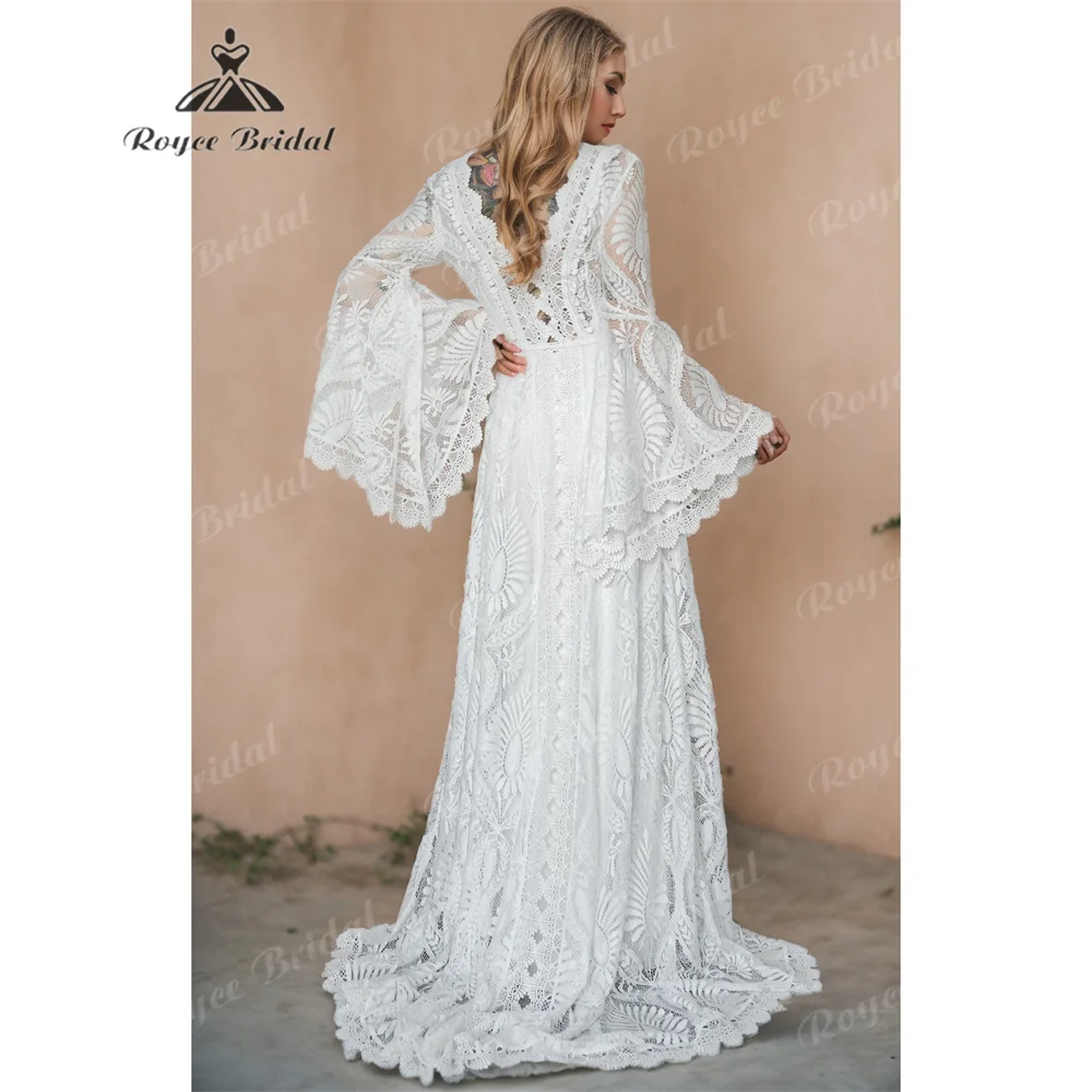 Boho V-Neck A-Line Wedding Dress 2025 - Lace Court Train Bridal Gown - JStorehub 