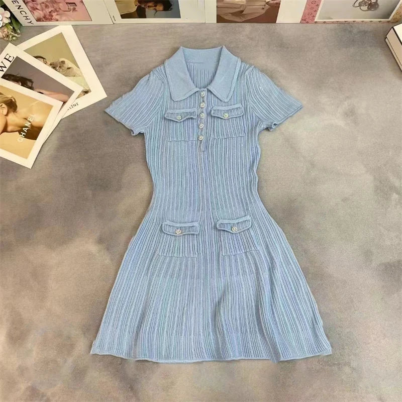 Women Dresses - Polo Neck Knitted Dress Y2K - Salman Store