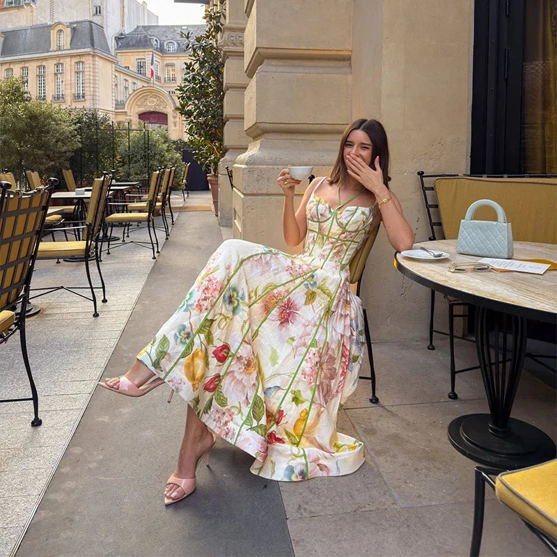 Elegant Printed Flower Women's Dress Contrast Sleeveless Halter Waist-Closed A-Line Lady Dresses Summer Fashion Vacation Robe