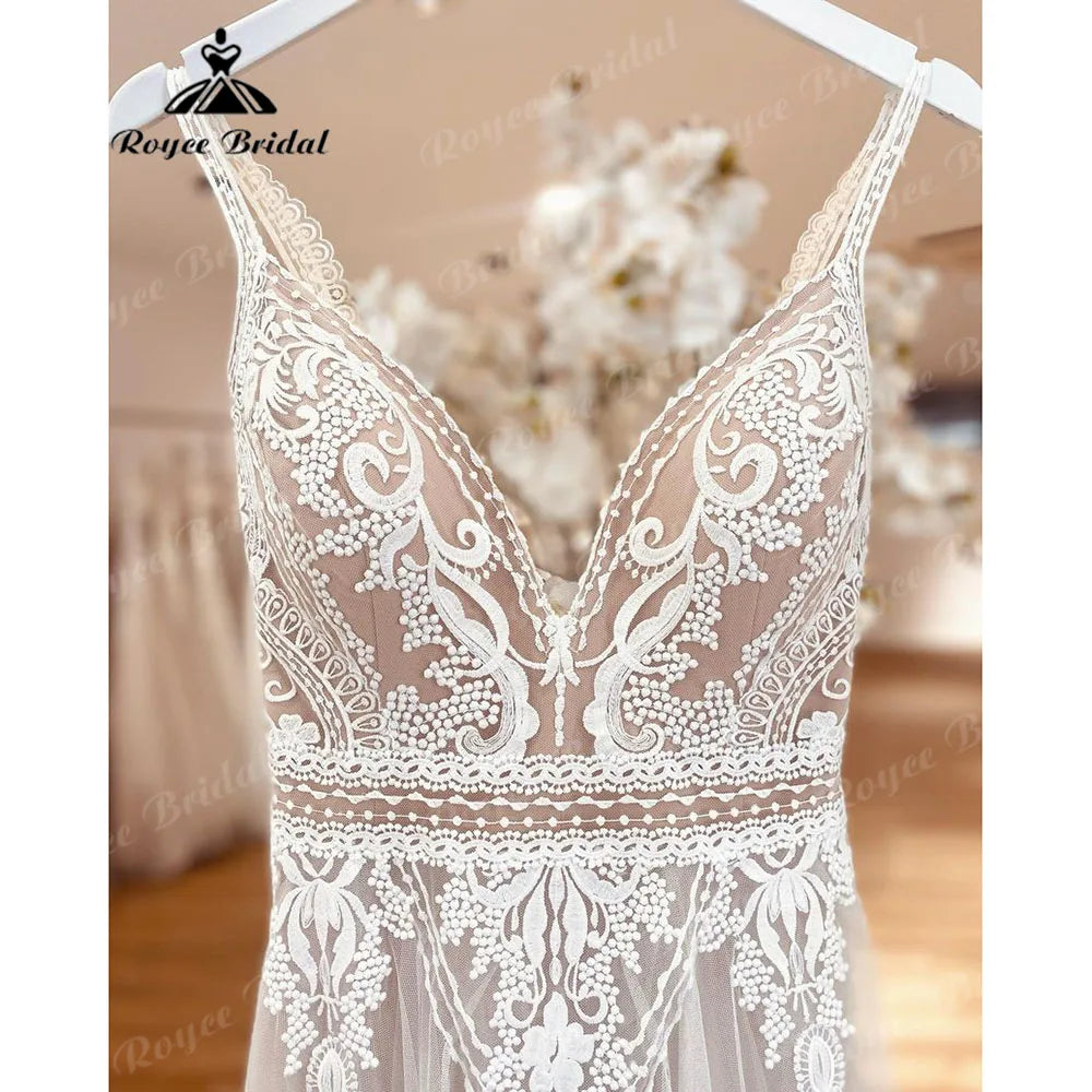Boho Beach Lace Wedding Dress 2026 - V-Neck Backless Summer Bridal Gown - JStorehub 