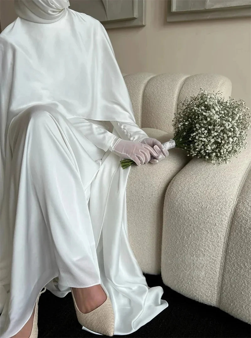 Modest White Muslim Wedding Dress with Cape - Long Sleeve Customized Bridal Gown - JStorehub 