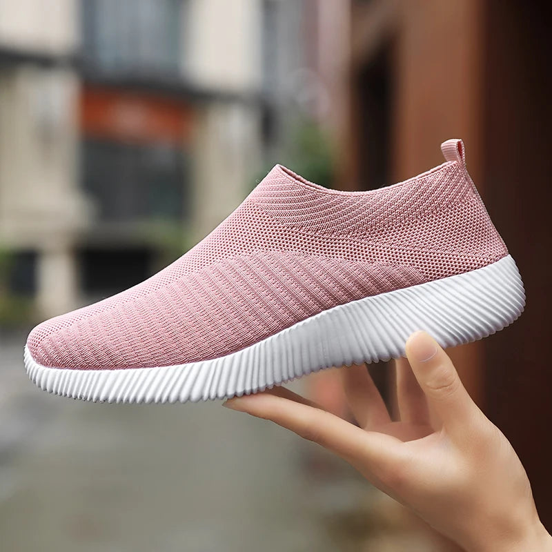 Women's Pink Mesh Sneakers - Breathable Flying Woven Slip-On Walking Shoes - JStorehub 