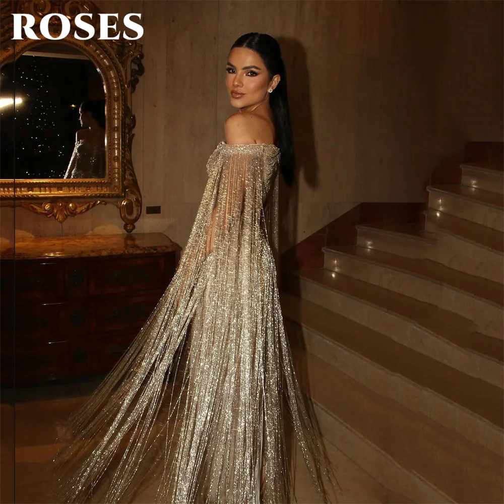 Roses Gold Luxury Off-Shoulder Tassel Mermaid Evening Dress - JStorehub 