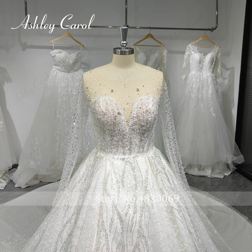 Luxury Long Sleeve Princess Wedding Dress - Sparkling Beaded Bridal Gown - JStorehub 