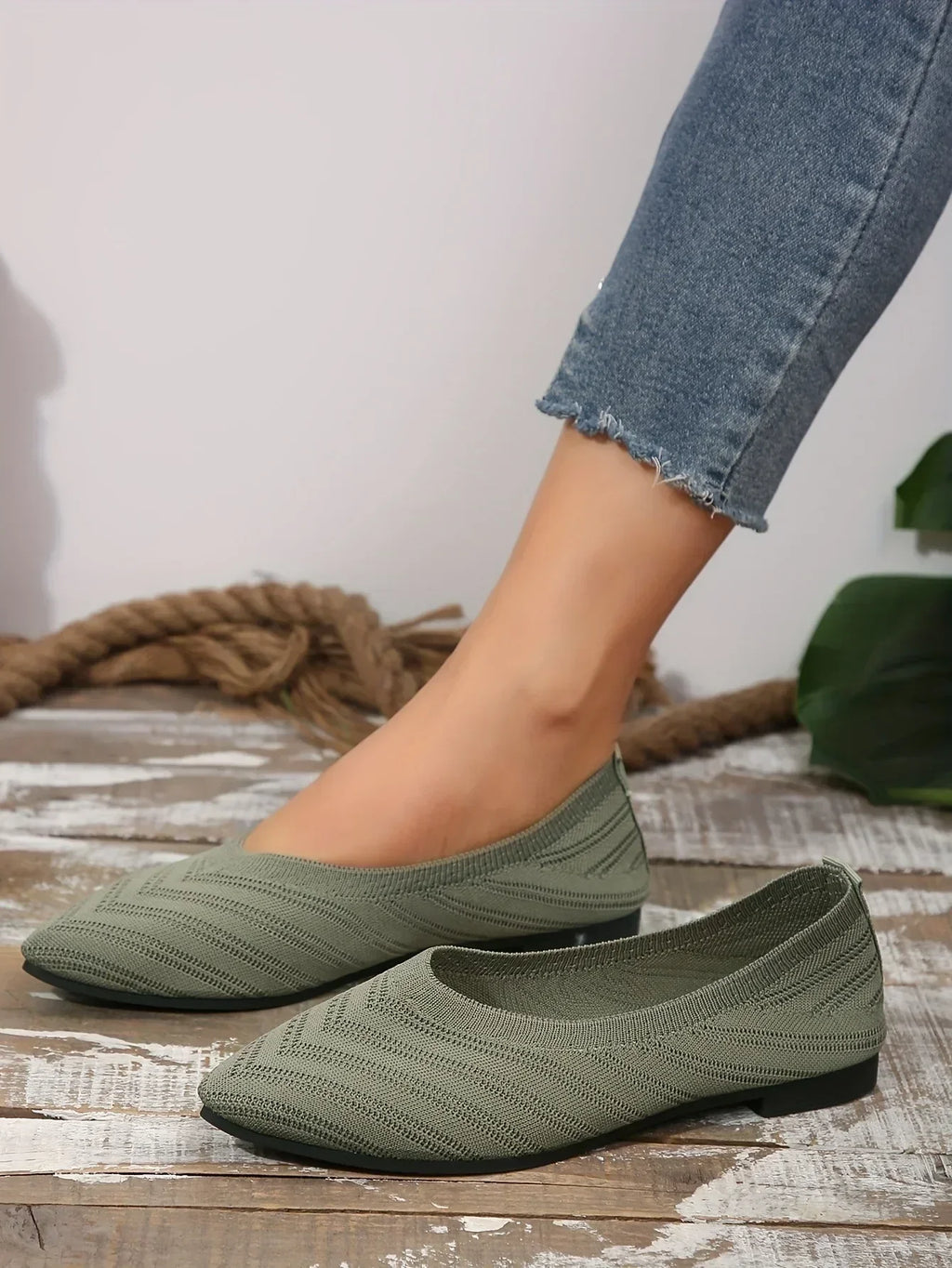 Apricot Knitted Pointed Toe Flat Shoes for Women - Slip-On Comfort