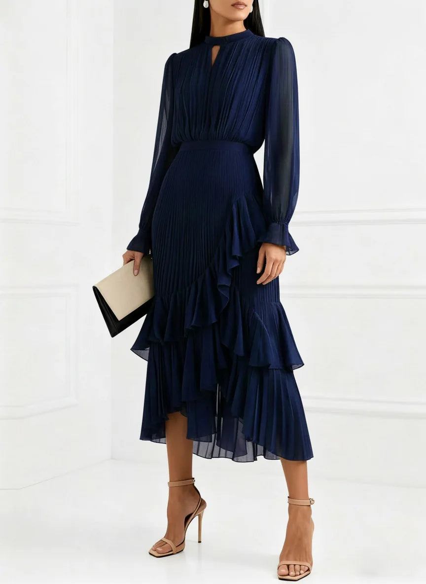 Ruffle Long Sleeve Layered A-Line Dress - Chic Spring Summer Pleated Gown - SalmanStore 
