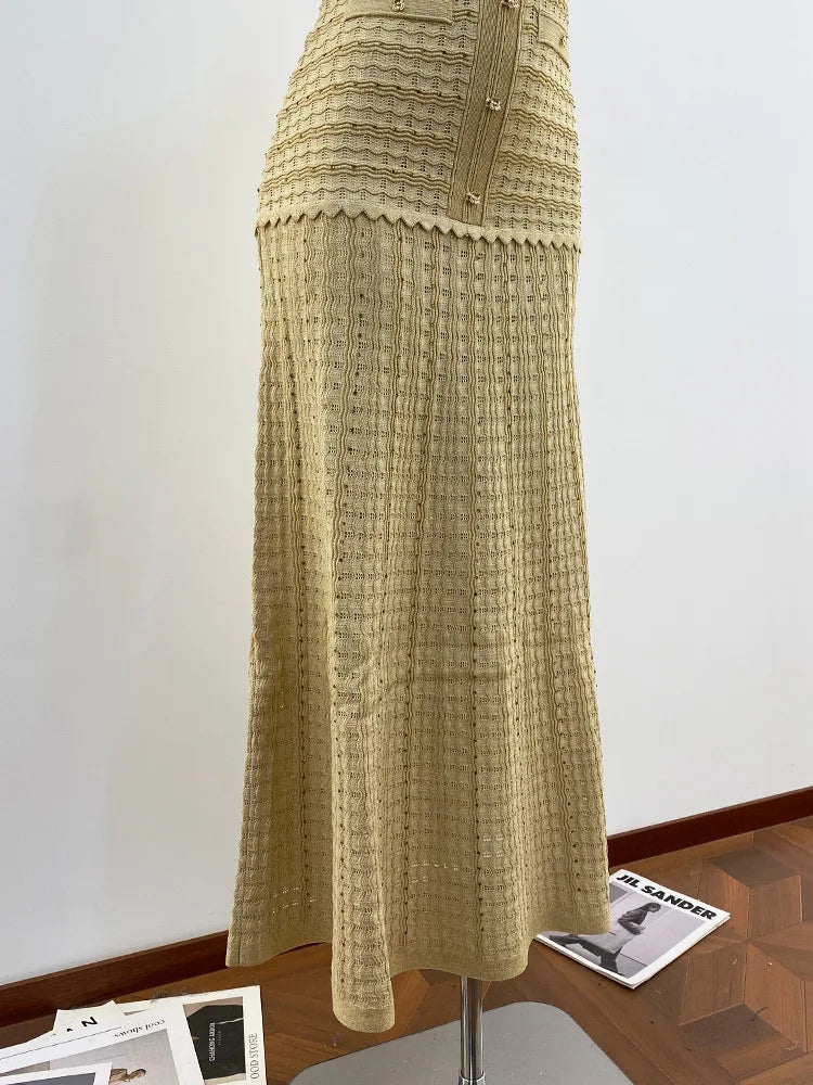 Solid Knit Hollow Out Maxi Dress for Women - Short Sleeve Bodycon Dress 2026 - JStorehub 