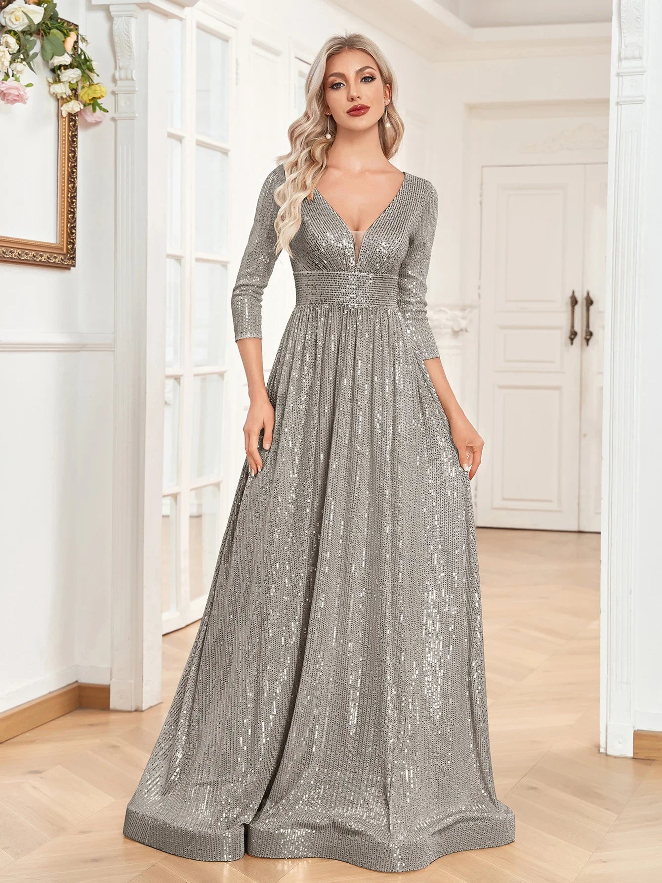 Luxury Blue Sequin Long Sleeve Evening Dress - V-Neck Formal Prom Gown 2025 - JStorehub 