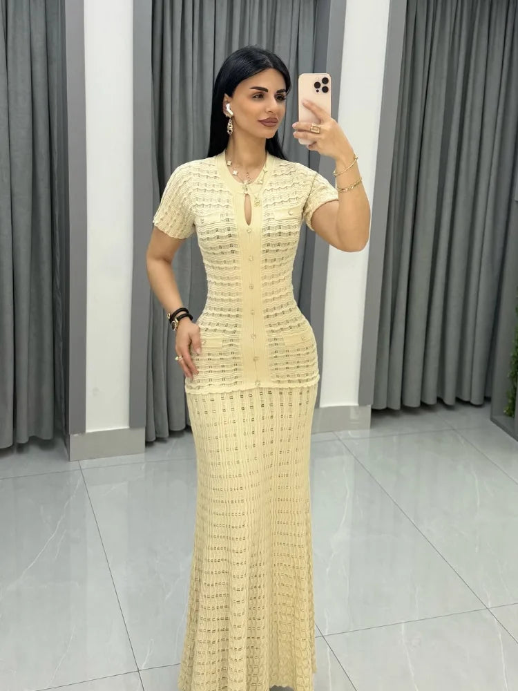 Solid Knit Hollow Out Maxi Dress for Women - Short Sleeve Bodycon Dress 2026 - JStorehub 