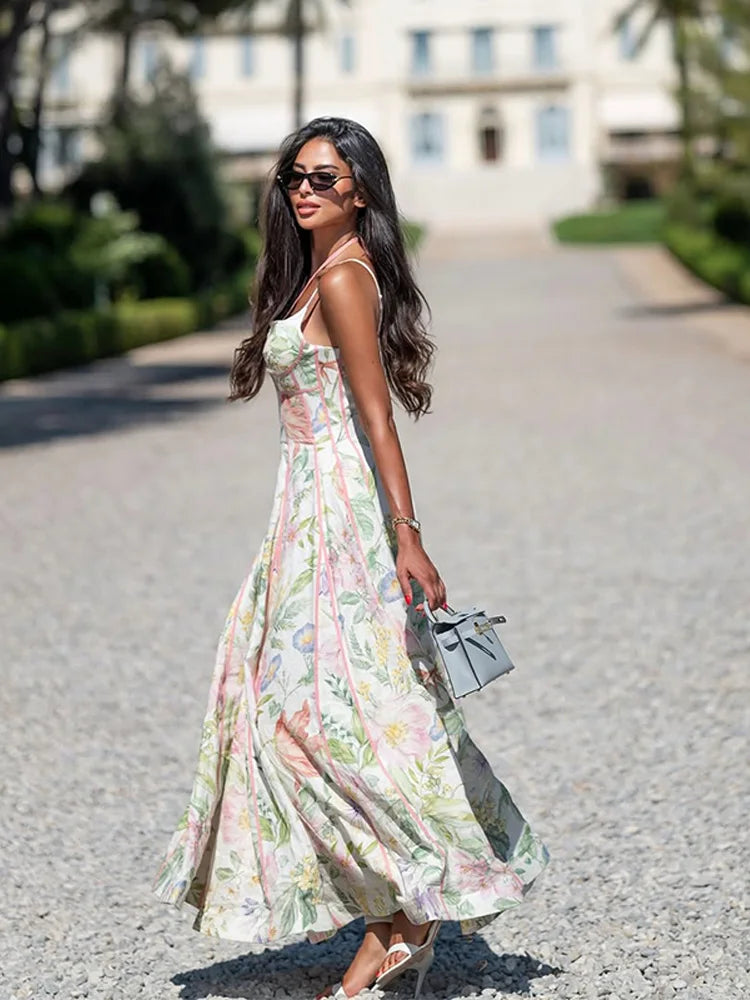 Elegant Printed Flower Women's Dress Contrast Sleeveless Halter Waist-Closed A-Line Lady Dresses Summer Fashion Vacation Robe