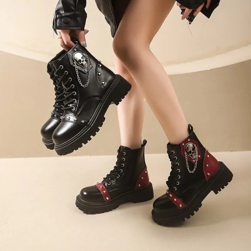 Women's Punk Ankle Boots - Platform Buckle Lace-Up Block Heel Shoes - JStorehub 