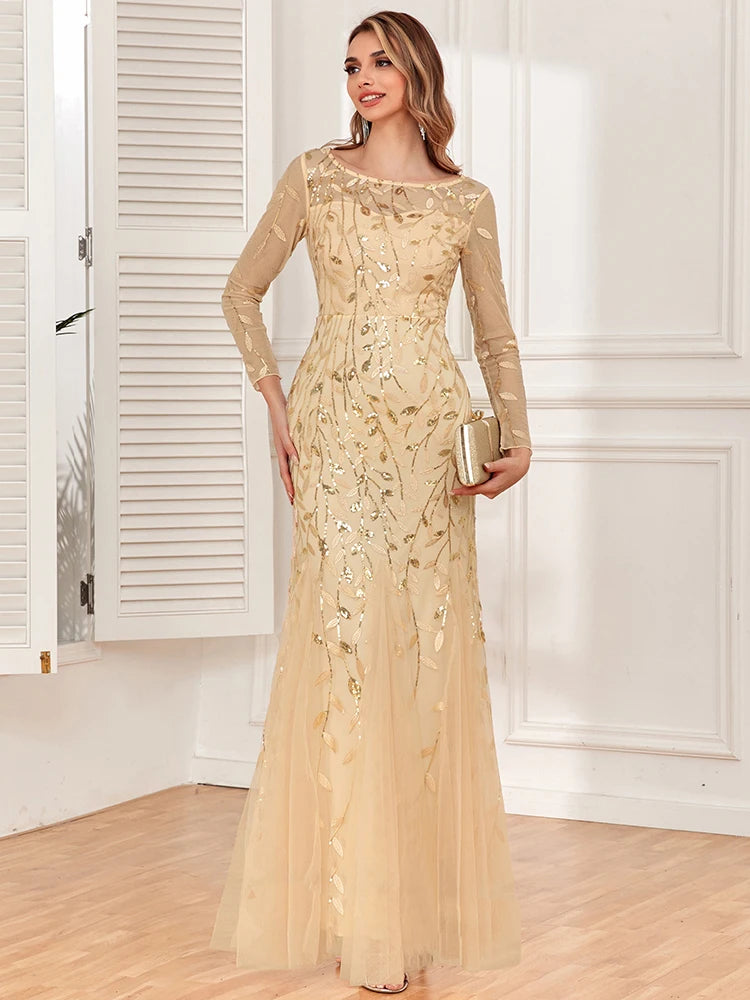 Mermaid Tulle Embroidery Evening Dress - O-Neck Full Sleeve Formal Gown - SalmanStore 