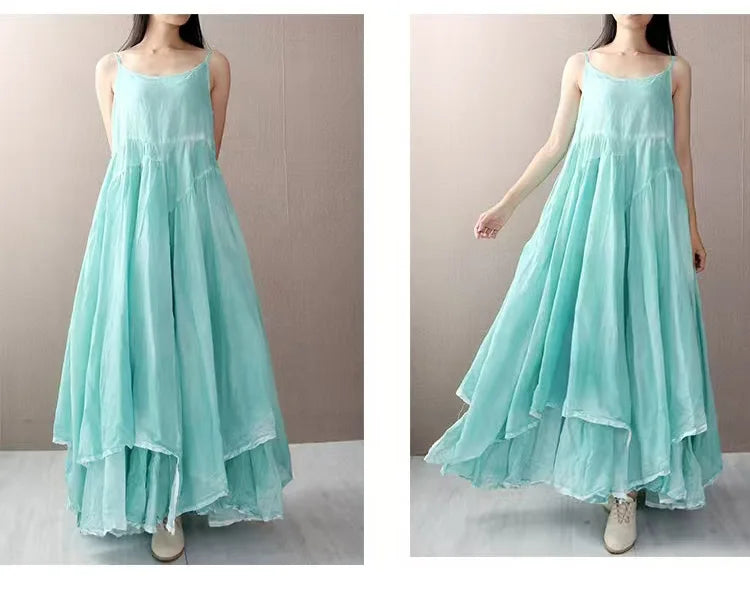 Summer Artistic Double Layer Linen Dress - Asymmetrical Hem Wide Waist - JStorehub 