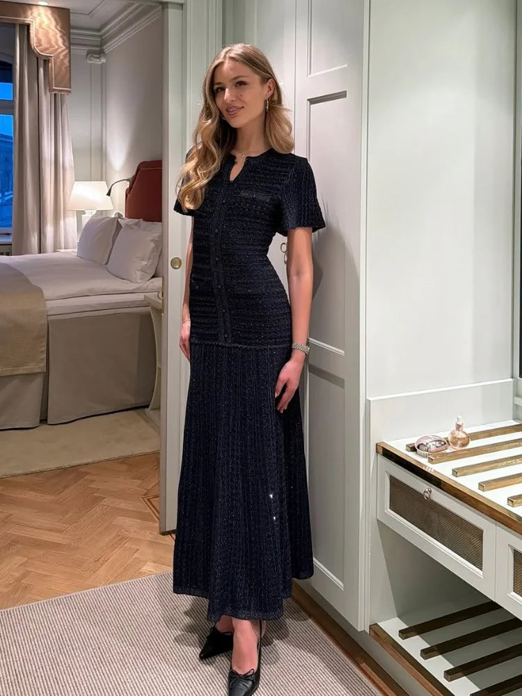 Solid Knit Hollow Out Maxi Dress for Women - Short Sleeve Bodycon Dress 2026 - JStorehub 